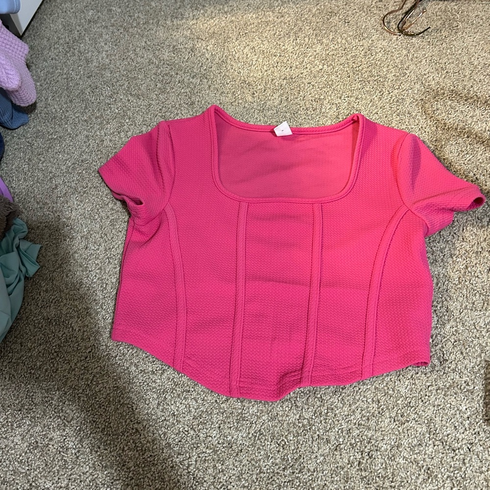 SHEIN Pink Ribbed Crop Blouse Short Sleeve
